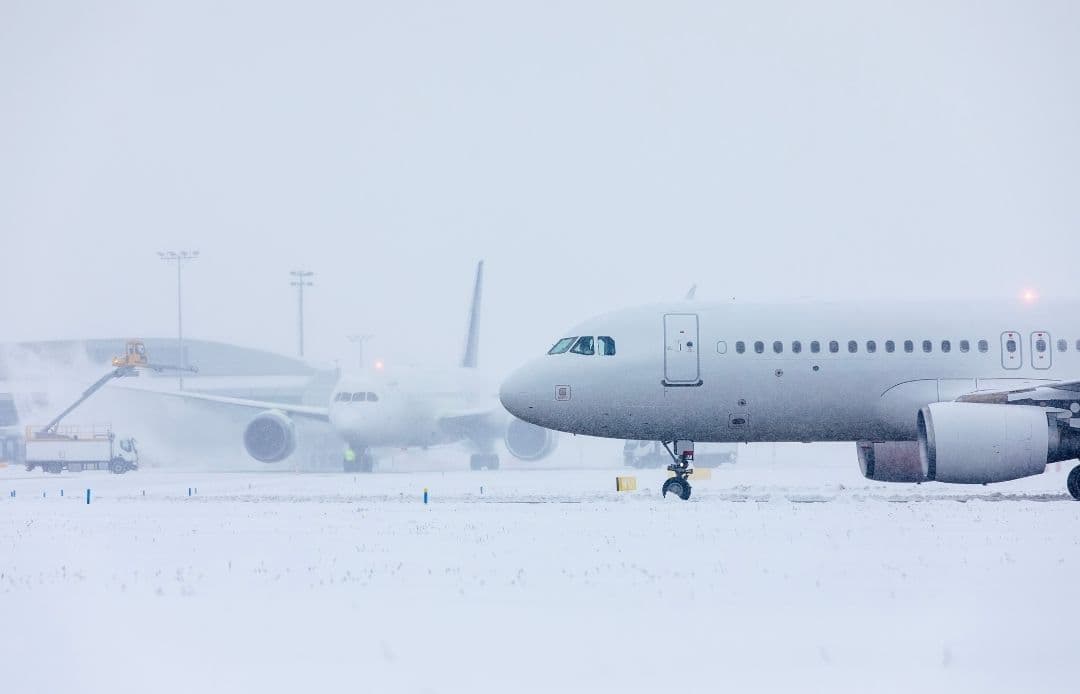 Winter Weather Flight Delays Snowy Airport Runway with Plane