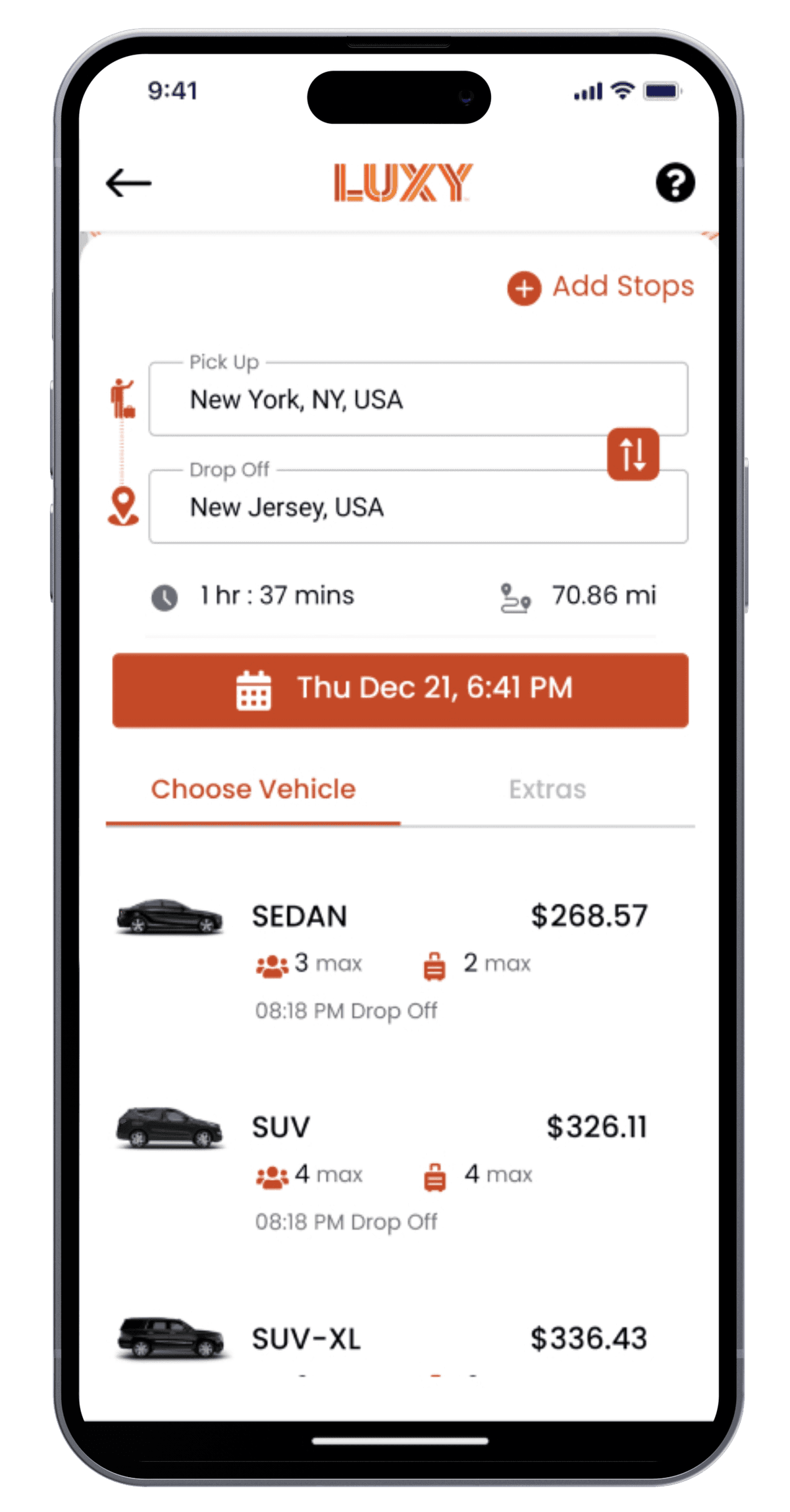 LUXY driver app booking details screen