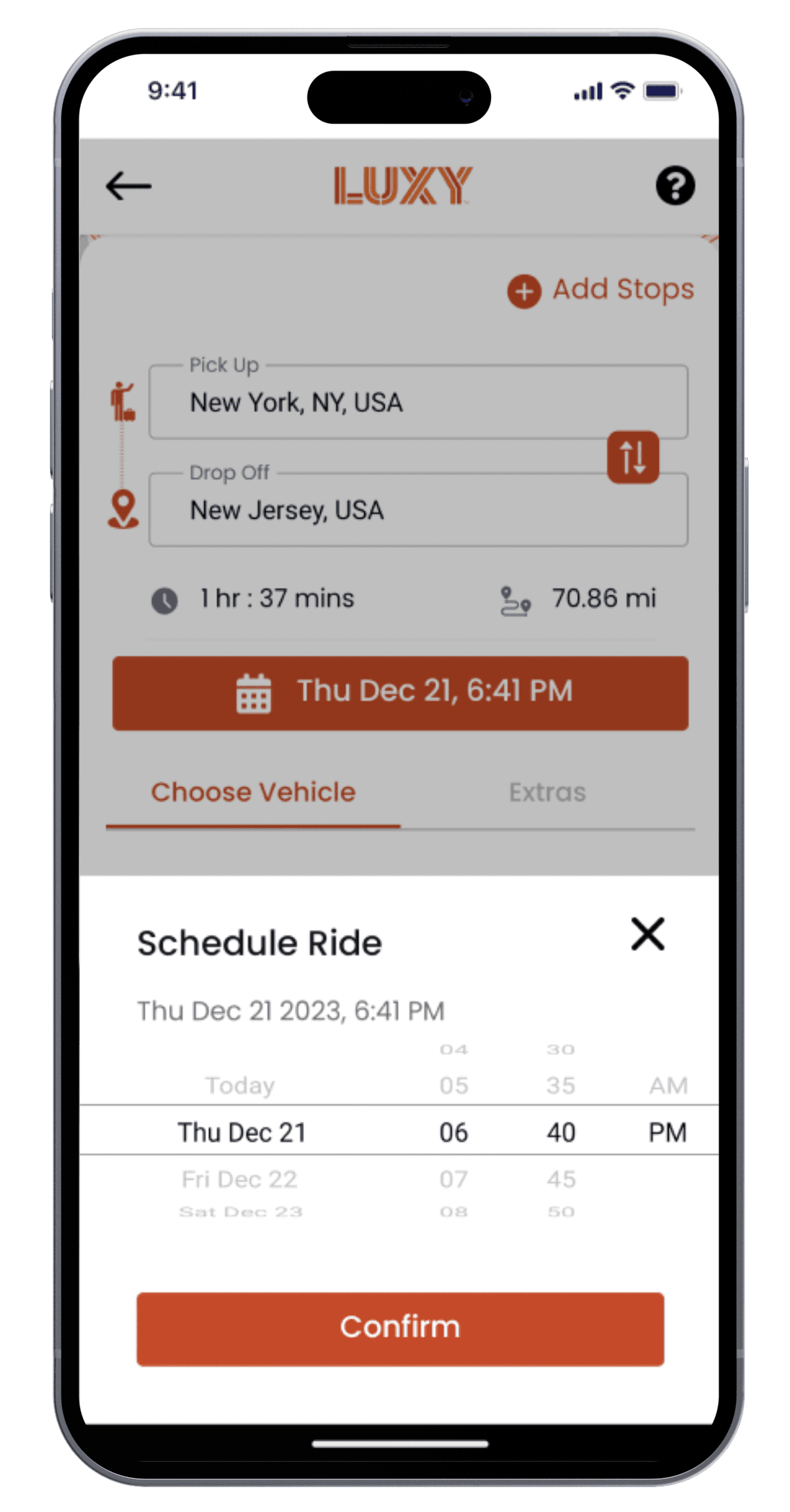LUXY driver app ride confirmation screen