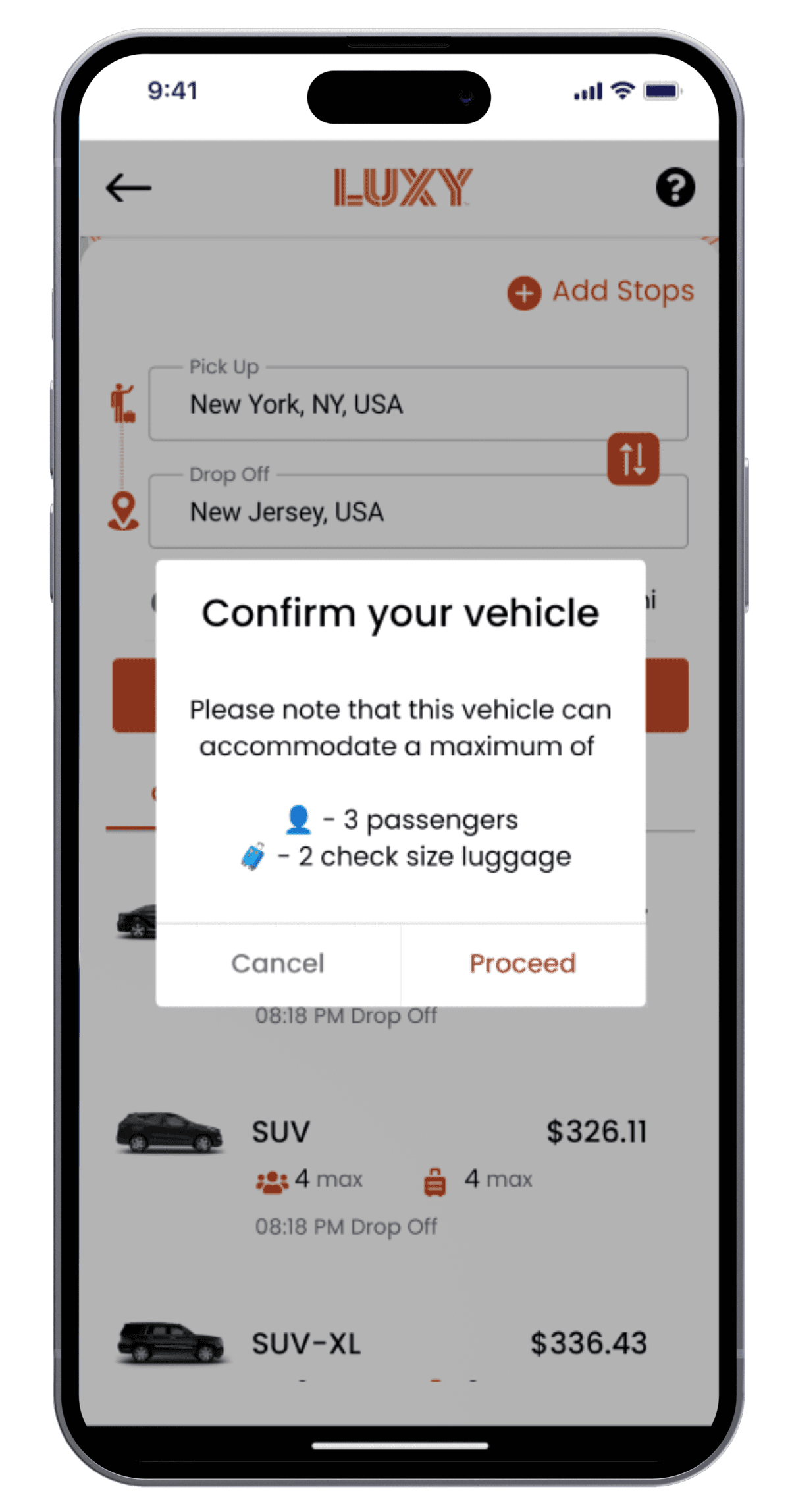LUXY driver app schedule screen