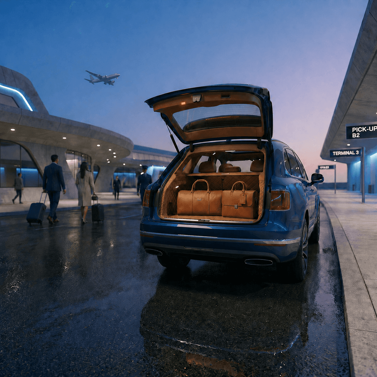 Black SUV with luggage loaded at the airport terminal