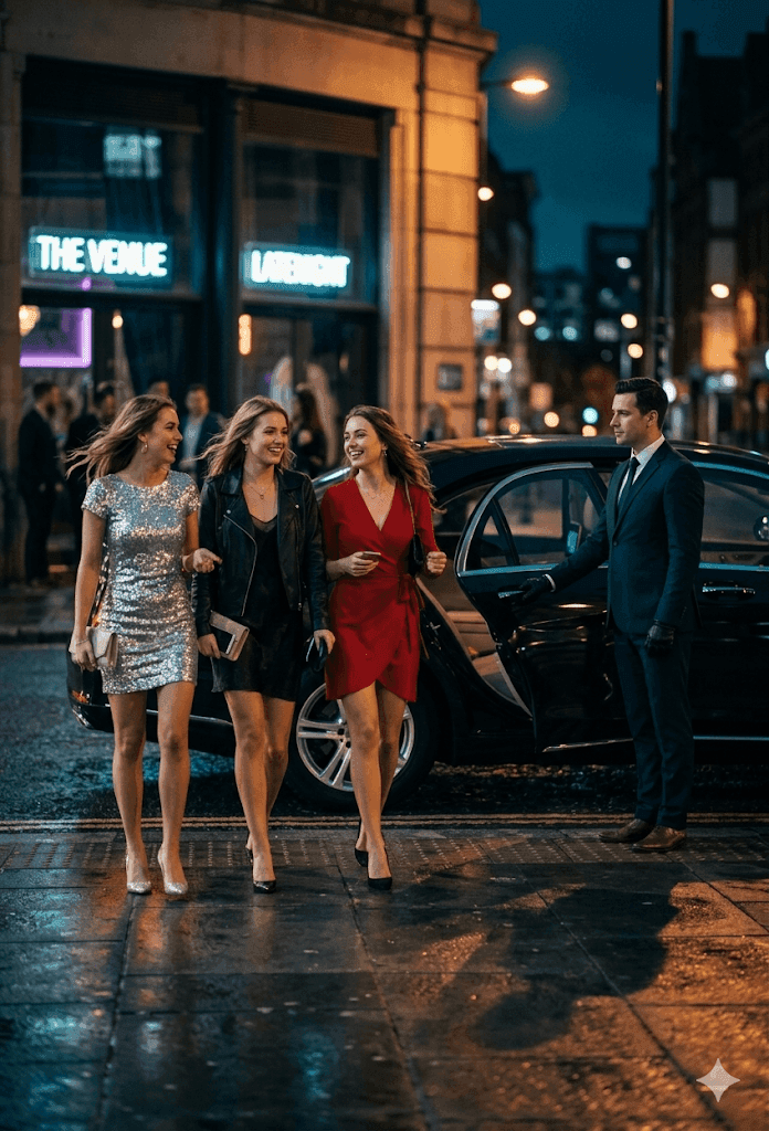Passenger arriving at an event in a luxury car
