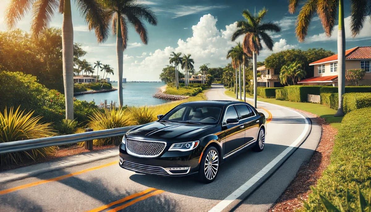 A sleek black town car driving along a scenic road on Marco Island, Florida. The setting features a tropical atmosphere with palm trees, clear blue sk.webp