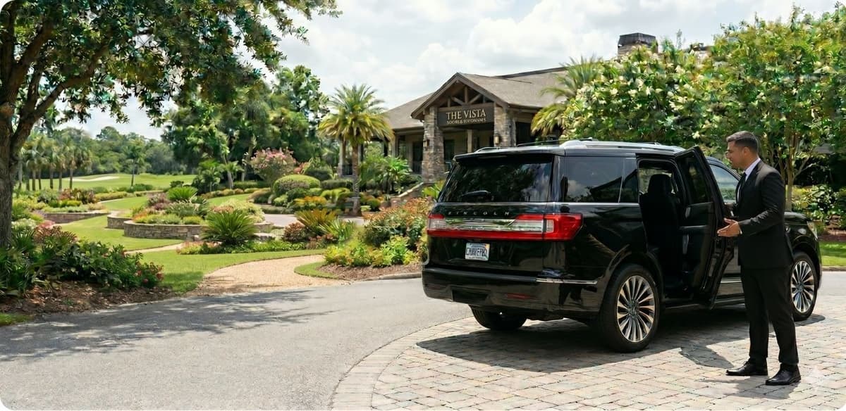 Black car SUV traveling to a Golf Championship