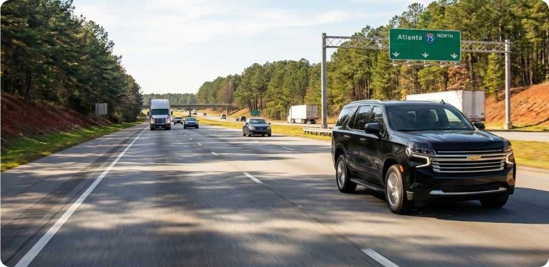 Black car SUV traveling to the Masters Tournament