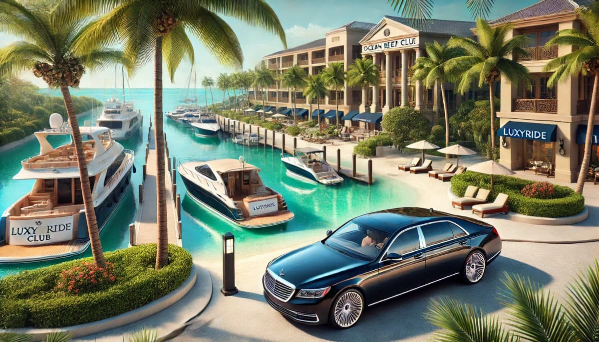 A luxury tropical resort scene at the Ocean Reef Club in Key Largo, Florida. The scene includes a pristine beach with turquoise water, lush palm trees