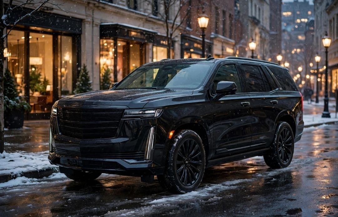 Holiday Shopping Car Service 2026 Black Luxury SUV in the Wintertime