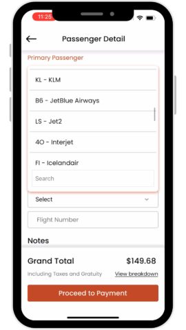 LUXY App- Select Airline Page