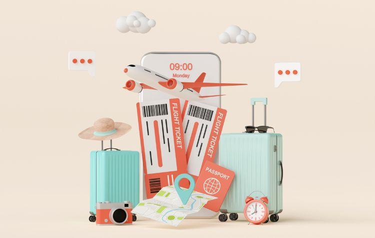 Animated suitcases, flight tickets and map