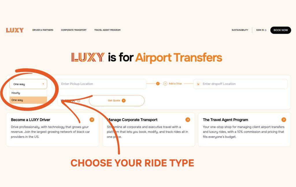 Choose your ride type at Luxy Ride