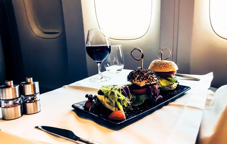 Meal served in first-class on a luxury airplane trip